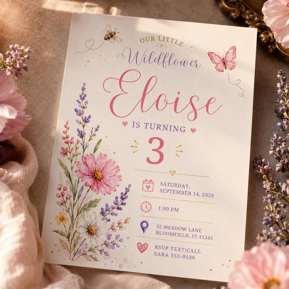 Floral Boho Wildflower 3rd Birthday Invitation for Girls — digital invitation, instant download