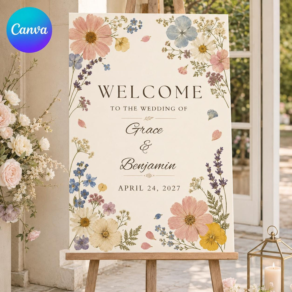 Floral Boho Wildflower Wedding Welcome Sign — editable Canva template