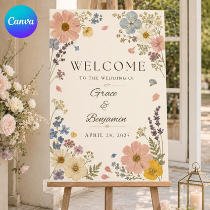 Floral Boho Wildflower Wedding Welcome Sign — editable Canva template