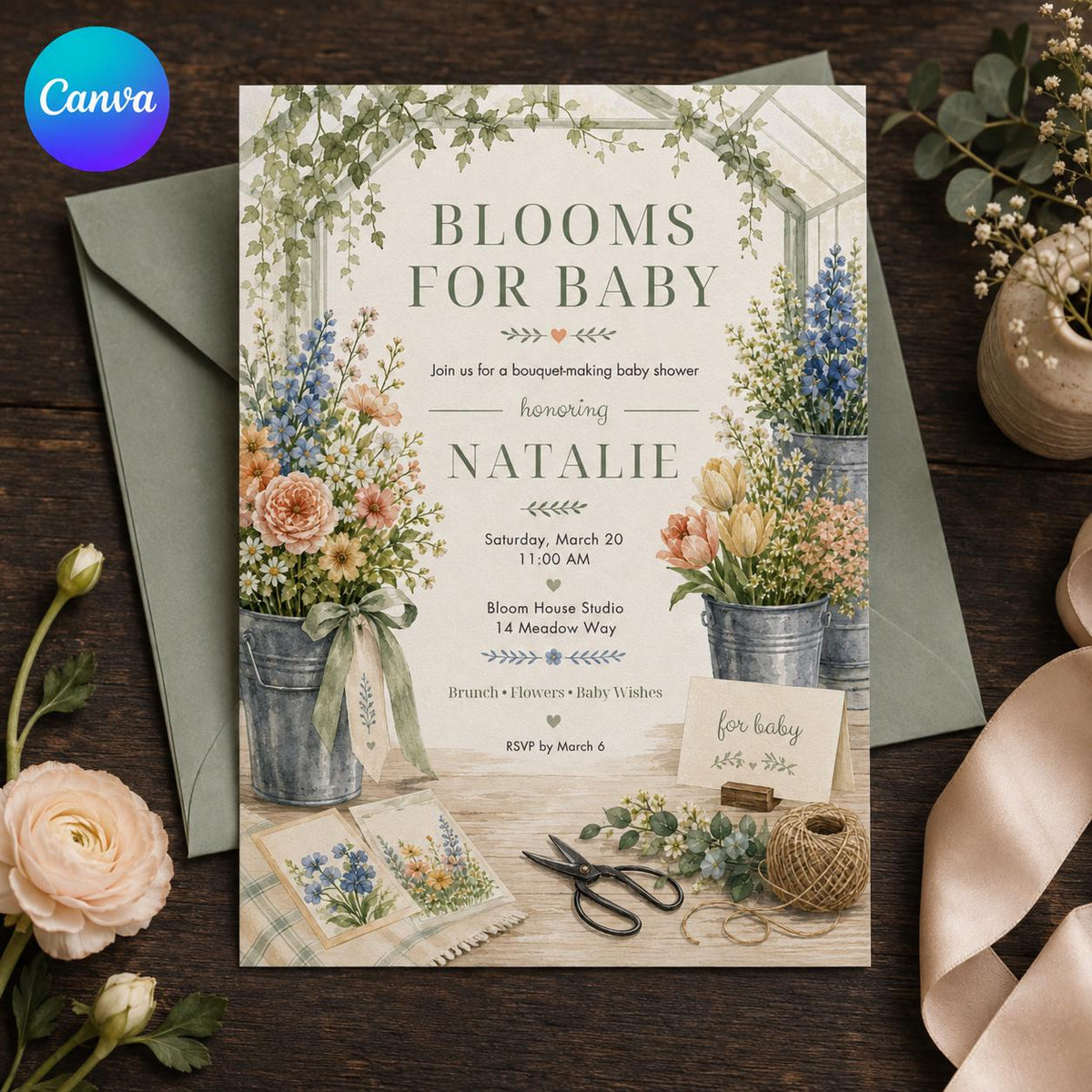 Floral Botanical Bouquet Making Baby Shower Invitation — editable Canva template