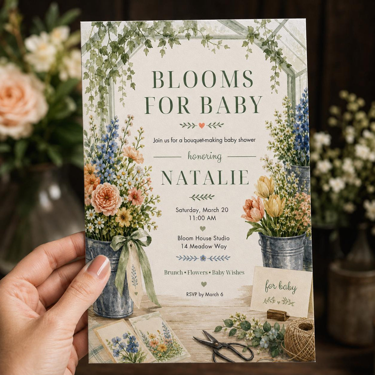 Floral Botanical Bouquet Making Baby Shower Invitation — invitation you personalize in Canva