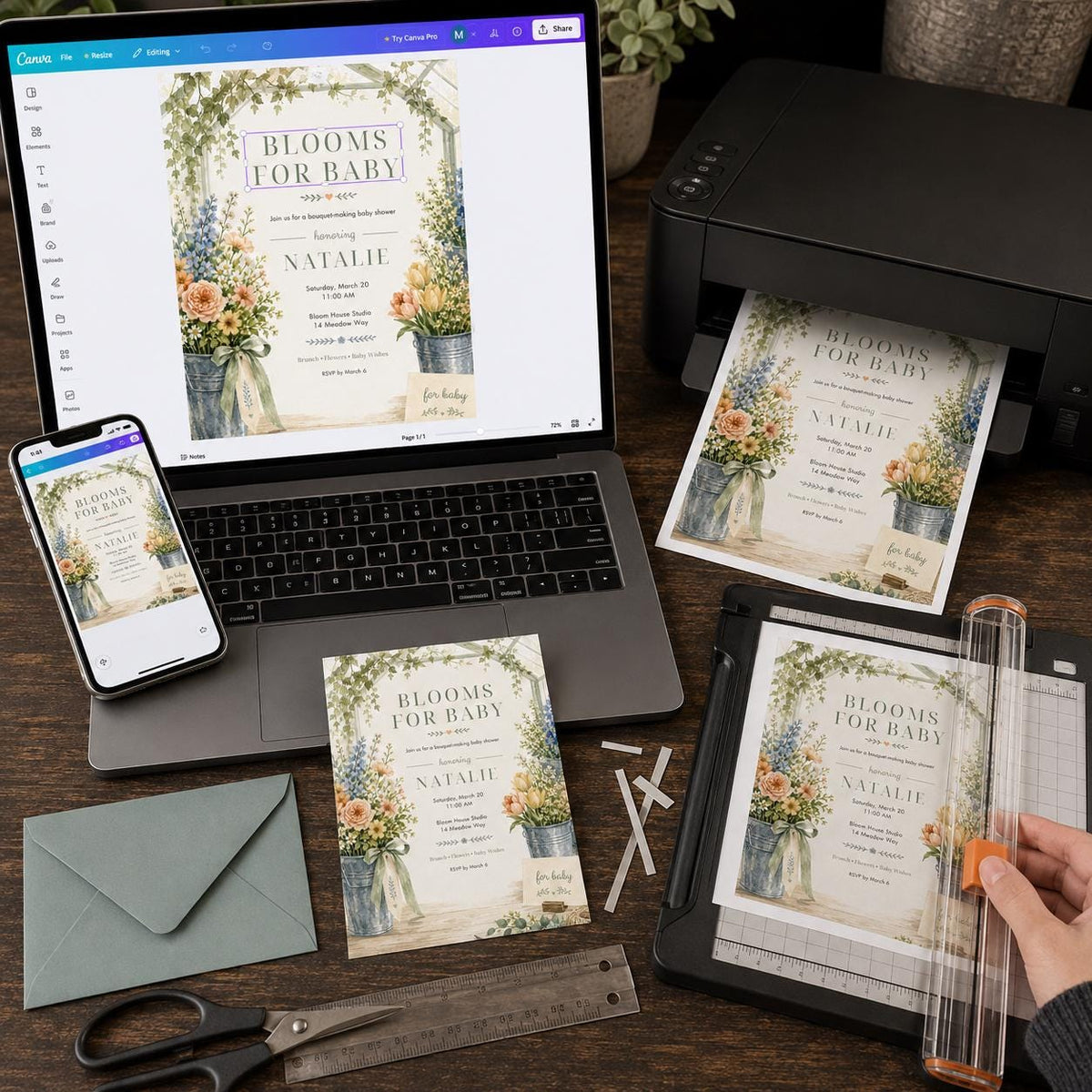 Floral Botanical Bouquet Making Baby Shower Invitation — print-ready baby shower design from VoltBy