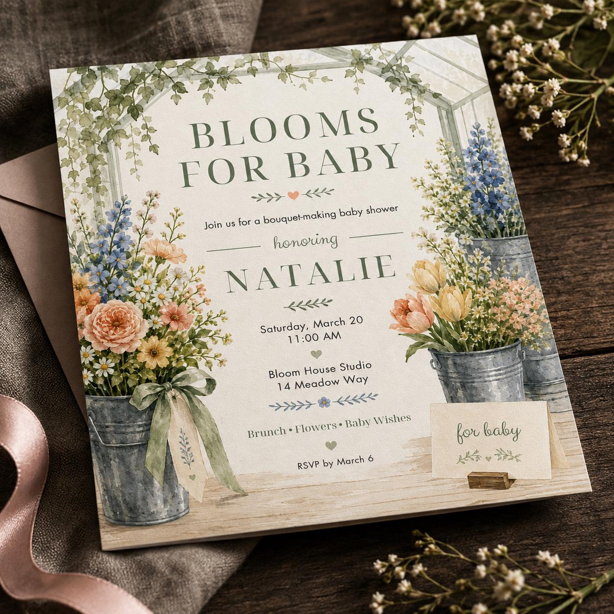 Floral Botanical Bouquet Making Baby Shower Invitation — digital invitation, instant download
