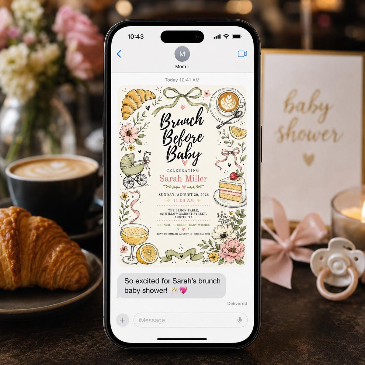 Floral Brunch Before Baby Shower Invitation for Girls — bow and coffee design