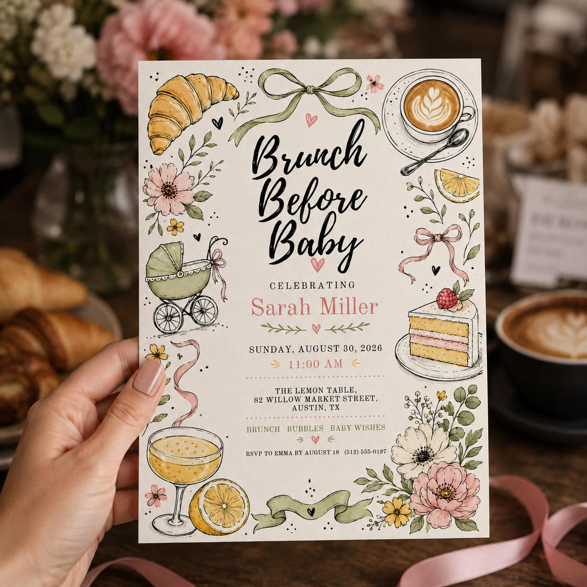 Floral Brunch Before Baby Shower Invitation for Girls — invitation you personalize in Canva