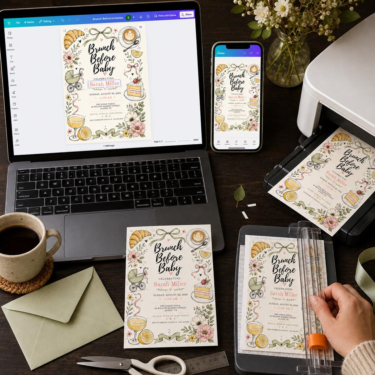 Floral Brunch Before Baby Shower Invitation for Girls — print-ready baby shower design from VoltBy