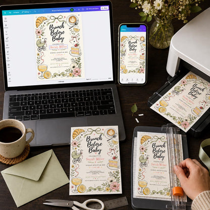 Floral Brunch Before Baby Shower Invitation for Girls — print-ready baby shower design from VoltBy
