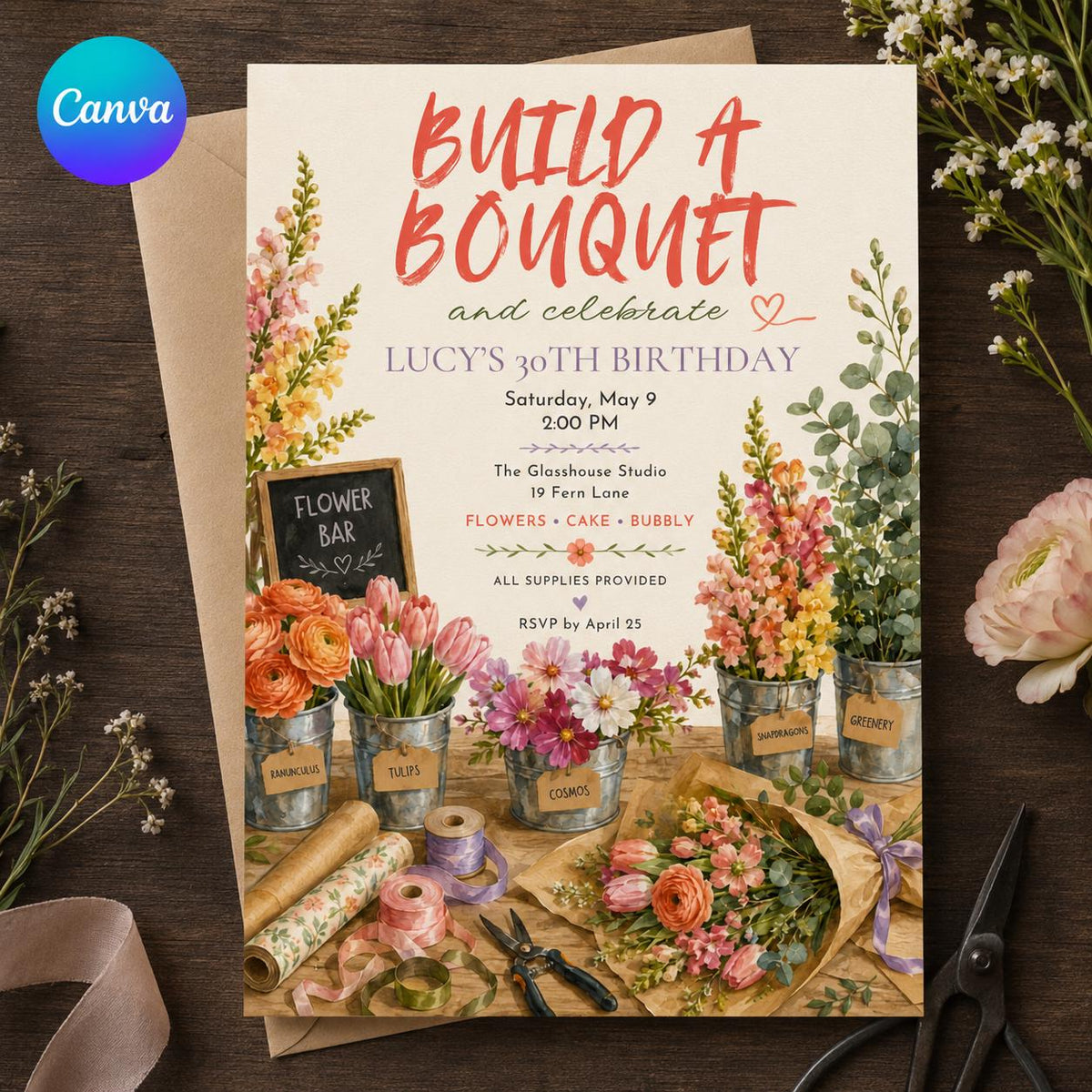 Floral Build a Bouquet 30th Birthday Invitation — editable Canva template