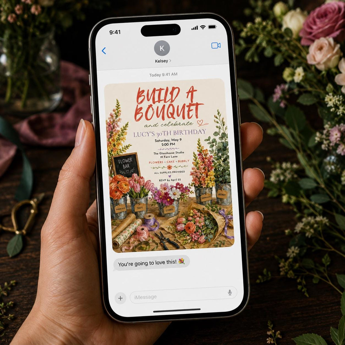 Floral Build a Bouquet 30th Birthday Invitation — invitation you personalize in Canva
