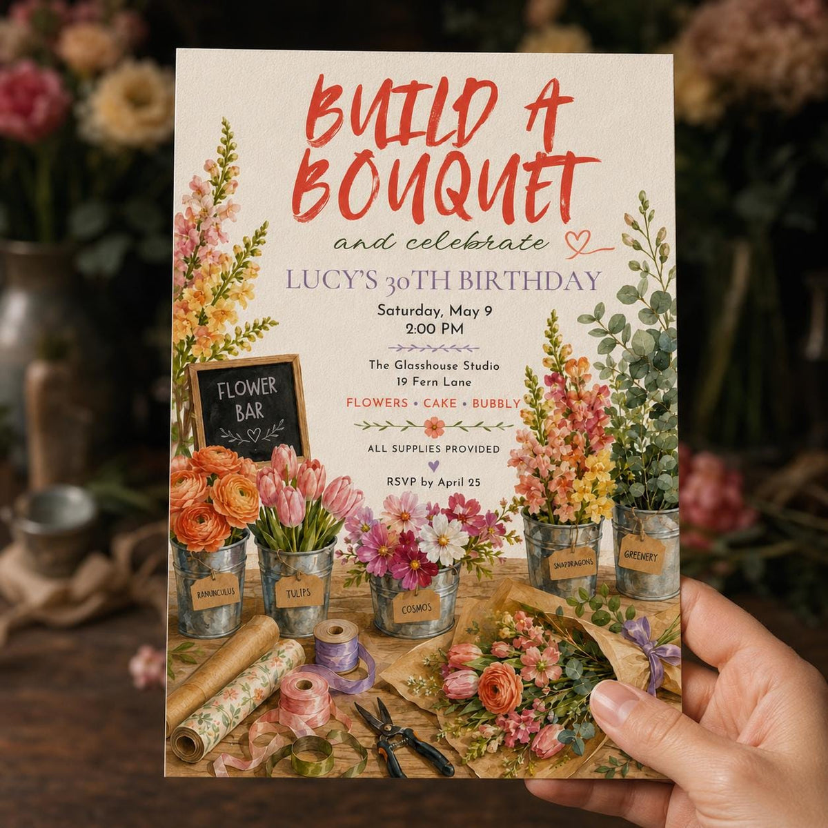 Floral Build a Bouquet 30th Birthday Invitation — print-ready 30th birthday party design from VoltBy