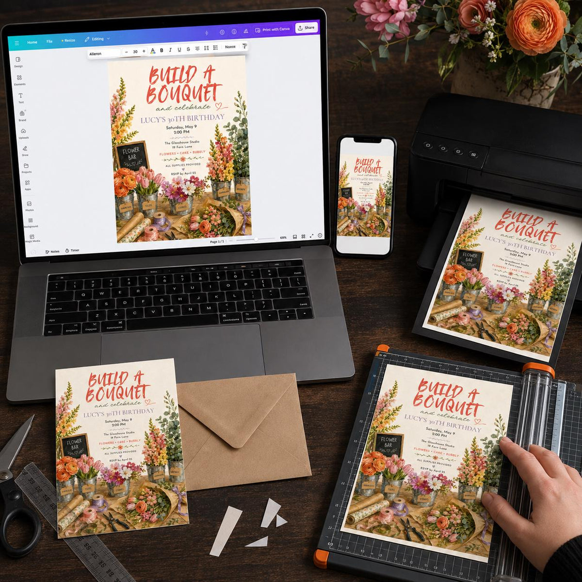Floral Build a Bouquet 30th Birthday Invitation — digital invitation, instant download