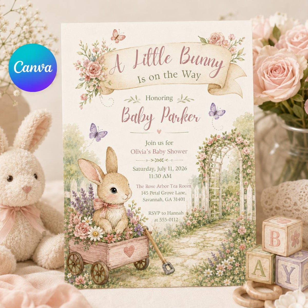 Floral Bunny Baby Shower Invitation: A Little Bunny is on the Way — editable Canva template