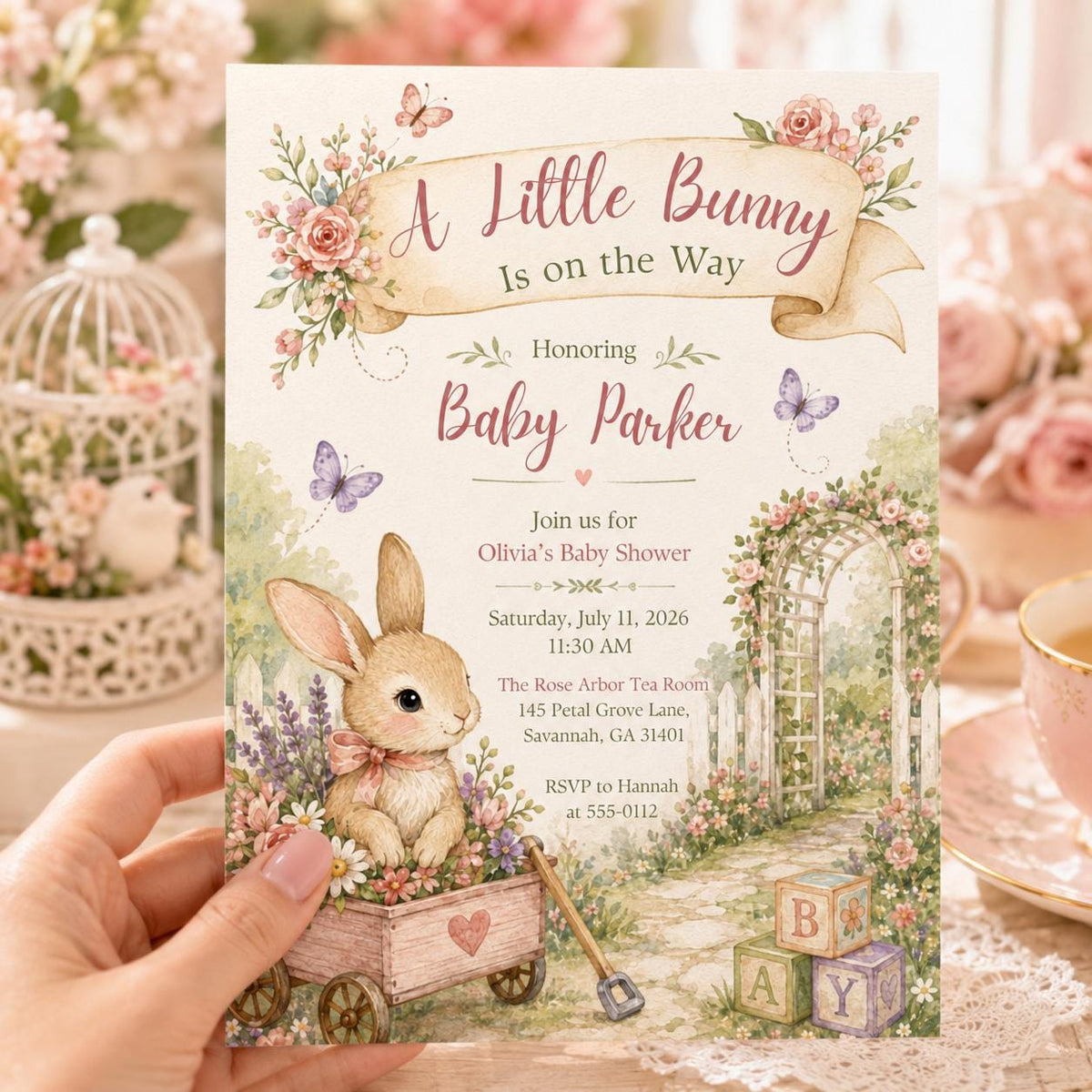 Floral Bunny Baby Shower Invitation: A Little Bunny is on the Way — invitation you personalize in Canva