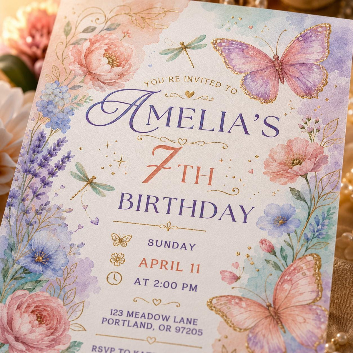 Floral Butterfly 7th Birthday Invitation — print-ready 7th birthday party design from VoltBy