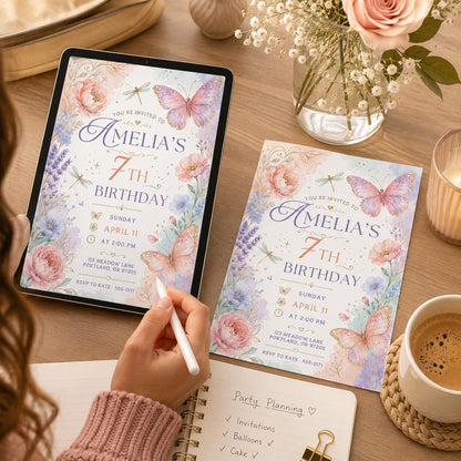 Floral Butterfly 7th Birthday Invitation — digital invitation, instant download
