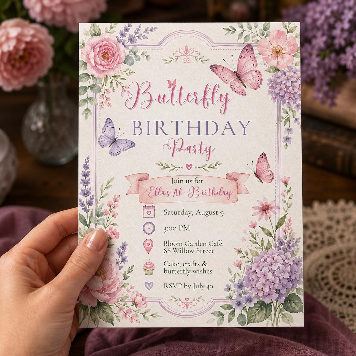 Floral Butterfly Border 4th Birthday Invitation — editable Canva template