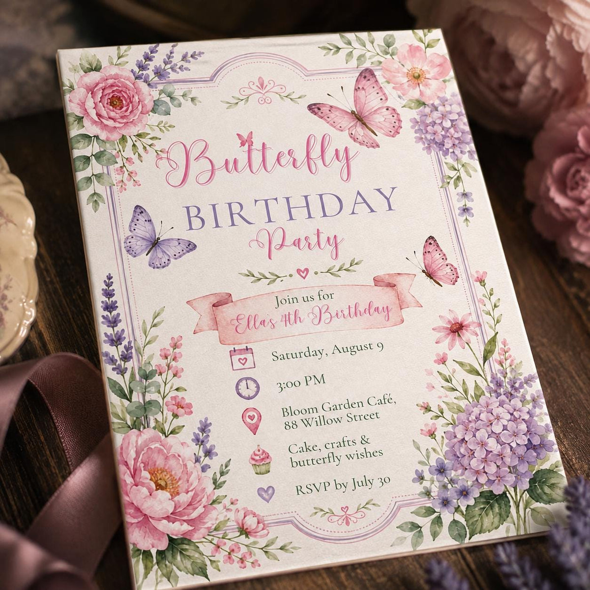 Floral Butterfly Border 4th Birthday Invitation — invitation you personalize in Canva