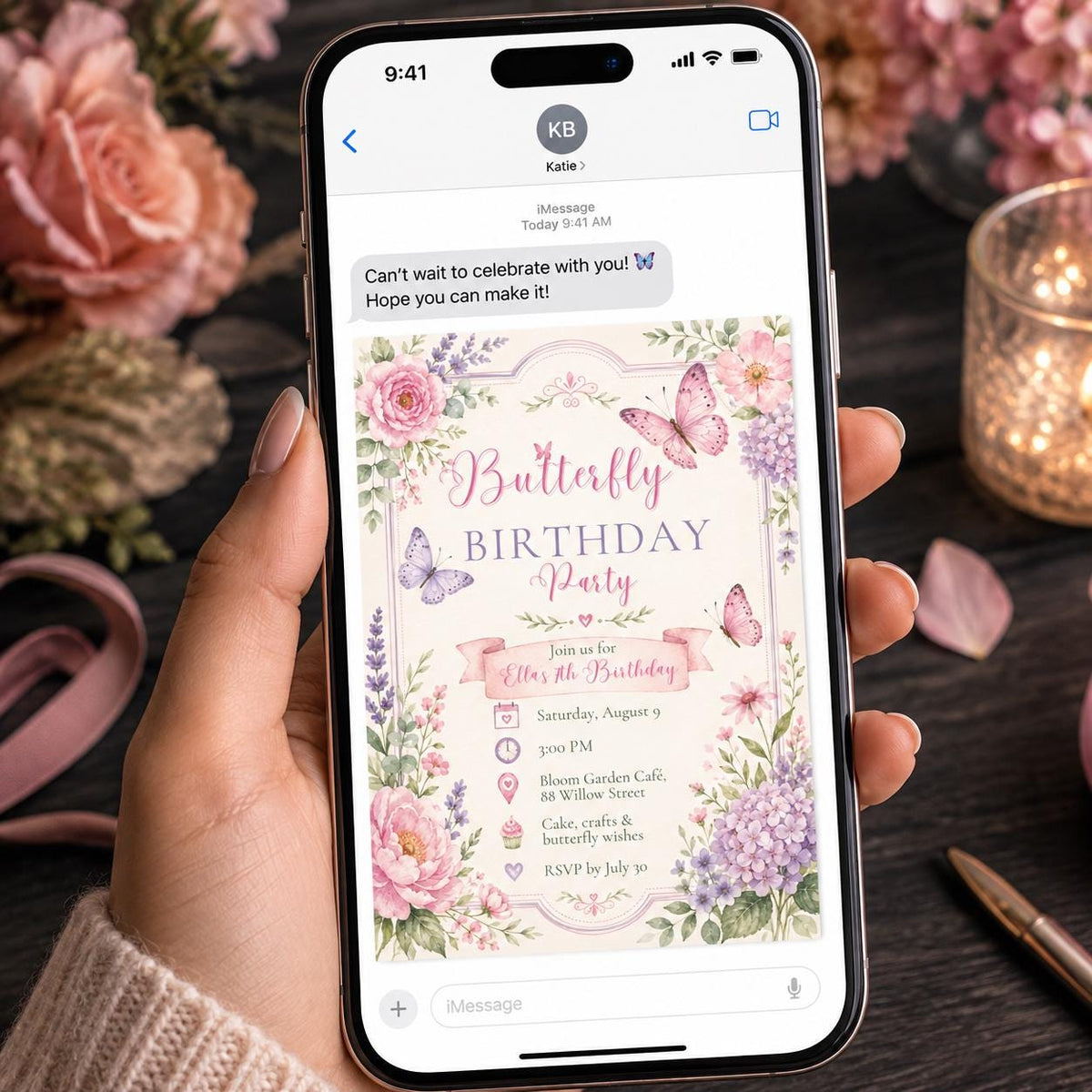 Floral Butterfly Border 4th Birthday Invitation — print-ready 4th birthday party design from VoltBy