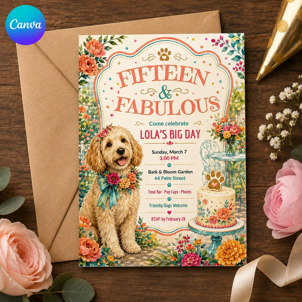 Floral Dog Birthday Invitation — editable Canva template