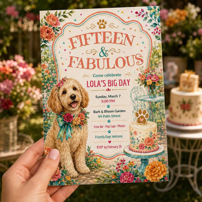 Floral Dog Birthday Invitation — invitation you personalize in Canva