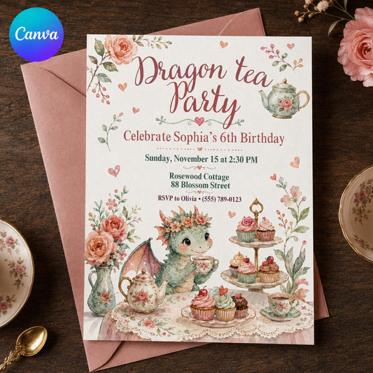 Floral Dragon Tea Party 6th Birthday Invitation with Cake Stand — editable Canva template