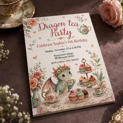 Floral Dragon Tea Party 6th Birthday Invitation with Cake Stand — digital invitation, instant download