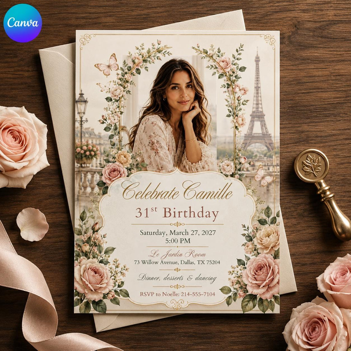 Floral Elegant 31st Birthday Invitation — editable Canva template