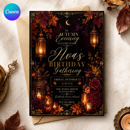 Floral Elegant Fall Birthday Invitation — editable Canva template