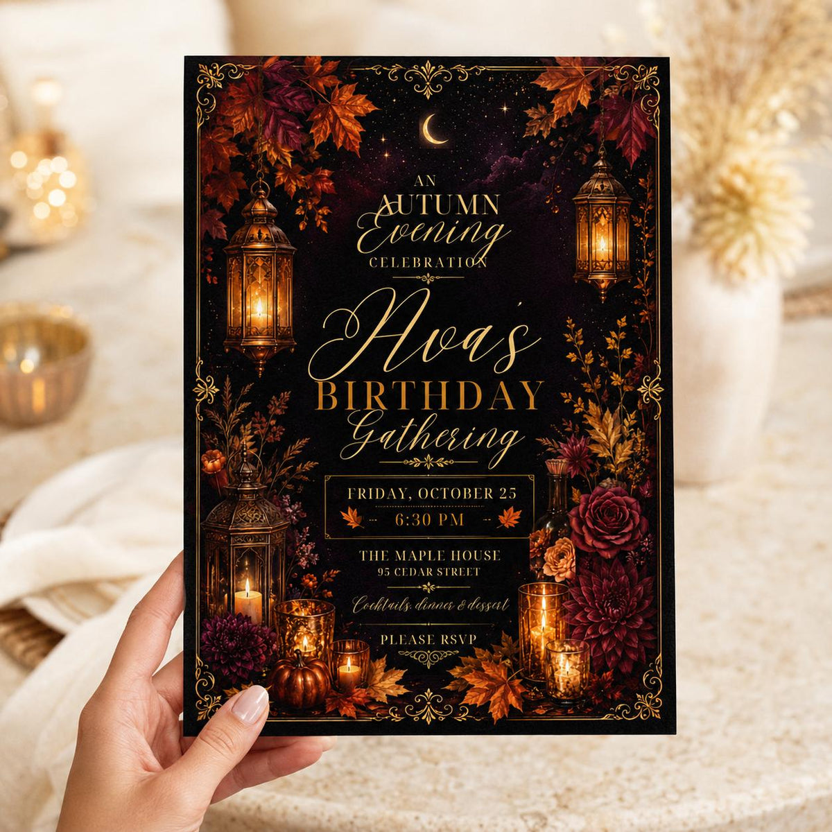 Floral Elegant Fall Birthday Invitation — print-ready birthday party design from VoltBy