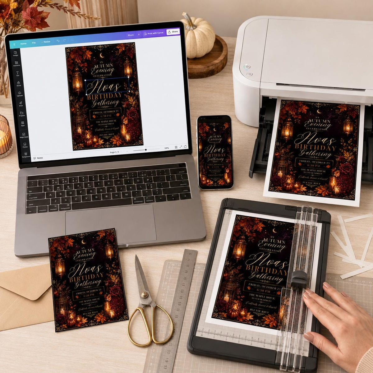 Floral Elegant Fall Birthday Invitation — digital invitation, instant download