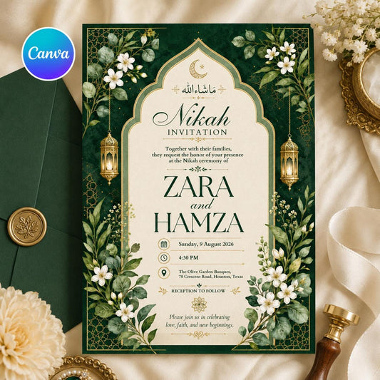 Floral Emerald Green Nikah Invitation — editable Canva template