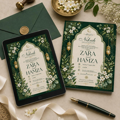 Floral Emerald Green Nikah Invitation — invitation you personalize in Canva
