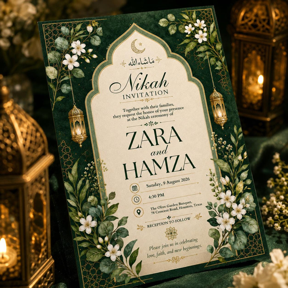 Floral Emerald Green Nikah Invitation — digital invitation, instant download
