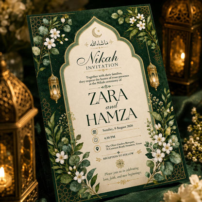 Floral Emerald Green Nikah Invitation — digital invitation, instant download