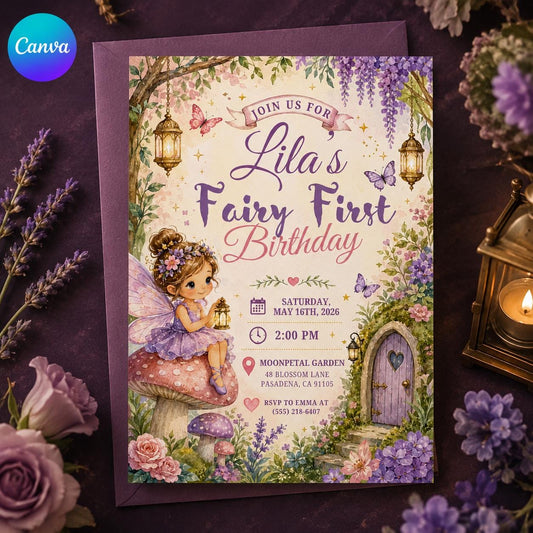 Floral Fairy First Birthday Invitation for Girls — editable Canva template