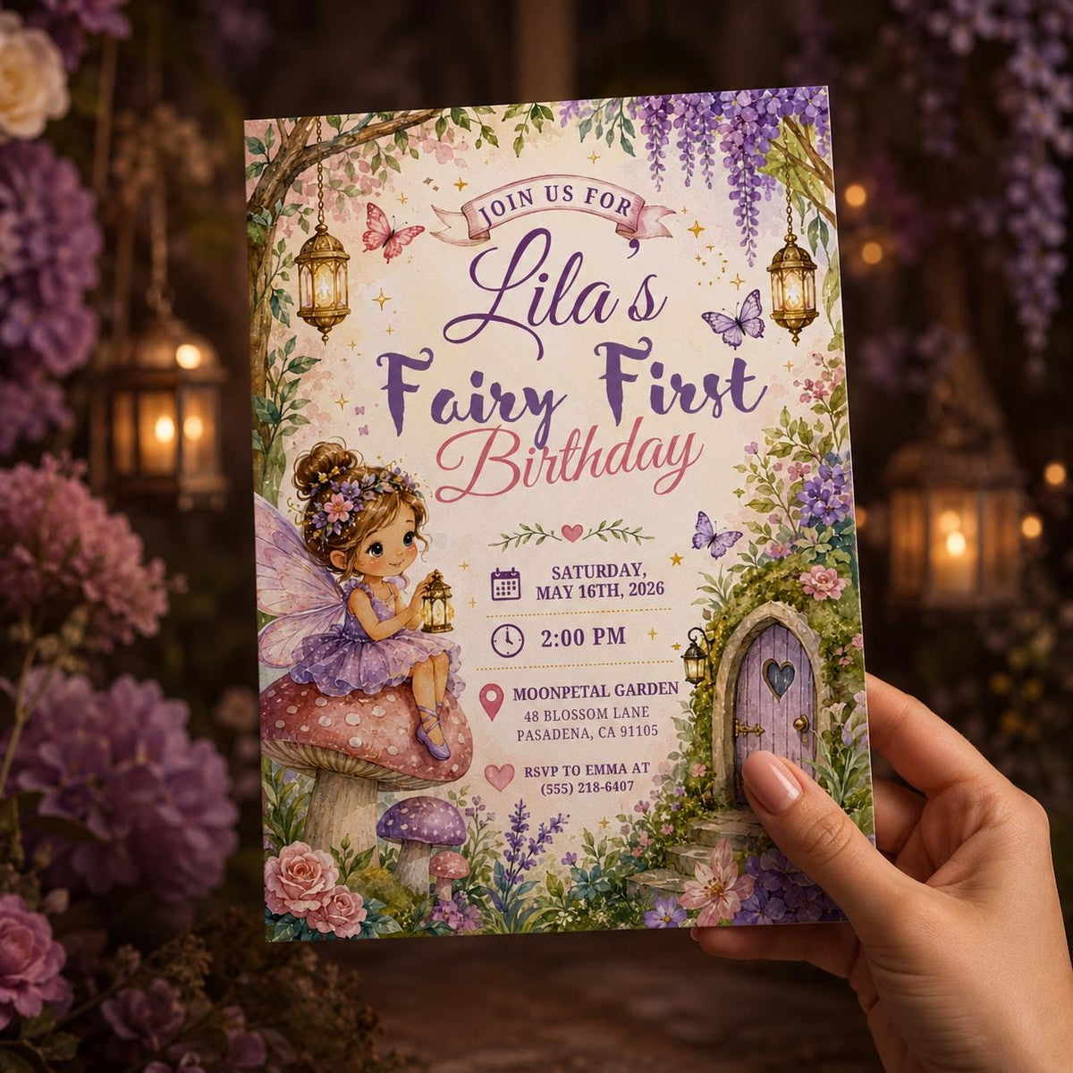 Floral Fairy First Birthday Invitation for Girls — print-ready first birthday design from VoltBy