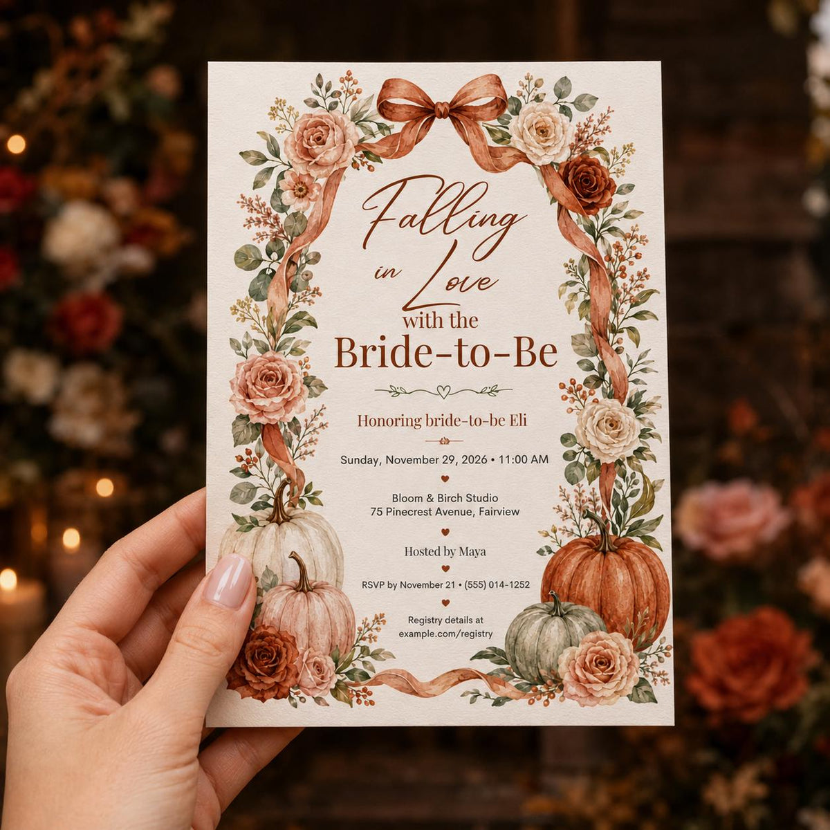 Floral Fall Bridal Shower Invitation — invitation you personalize in Canva