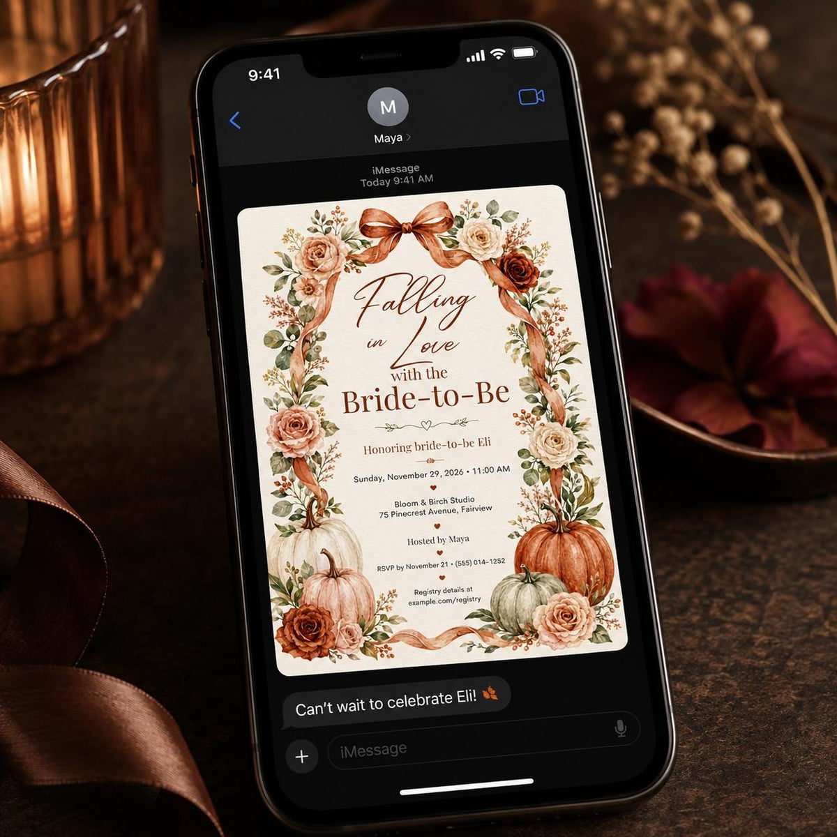 Floral Fall Bridal Shower Invitation — digital invitation, instant download