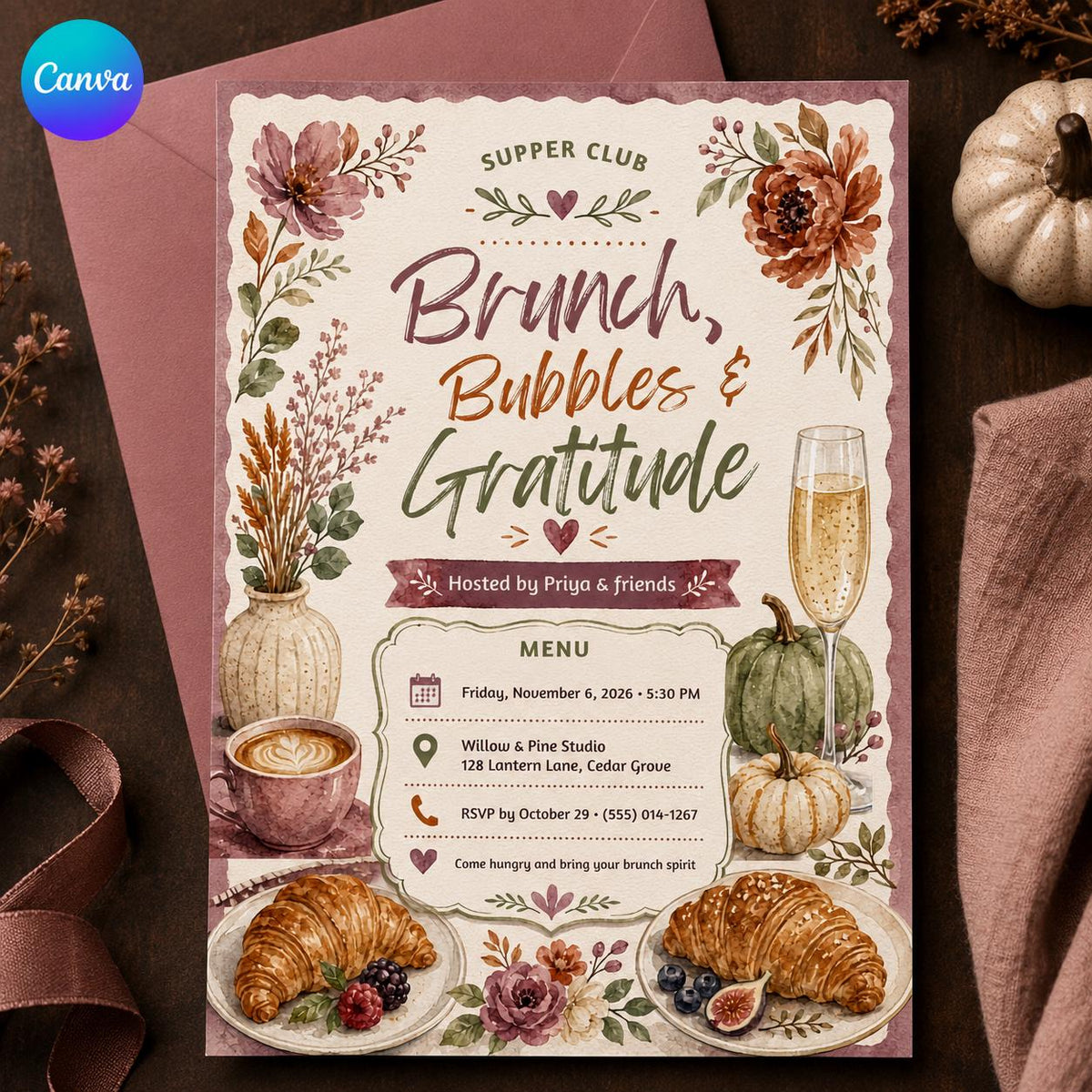 Floral Friendsgiving Brunch Invitation — editable Canva template