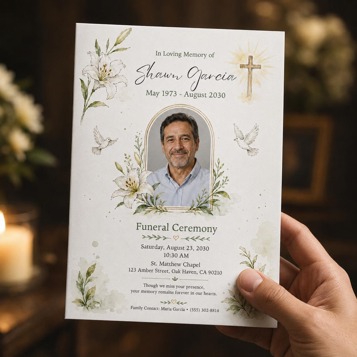 Floral Funeral Invitation — print-ready celebration of life design from VoltBy