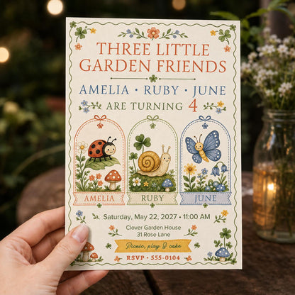 Floral Garden 4th Birthday Invitation for 3 Girls — invitation you personalize in Canva