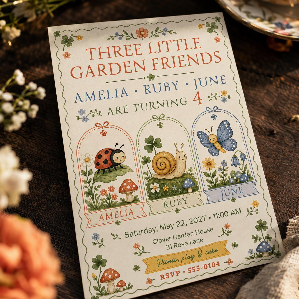Floral Garden 4th Birthday Invitation for 3 Girls — digital invitation, instant download