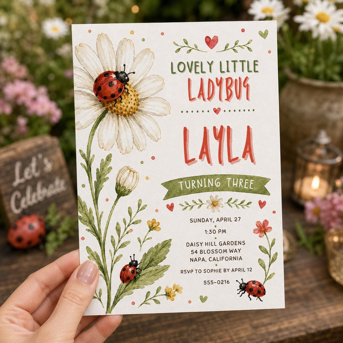 Floral Ladybug 3rd Birthday Invitation — invitation you personalize in Canva