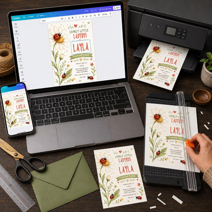 Floral Ladybug 3rd Birthday Invitation — print-ready 3rd birthday party design from VoltBy