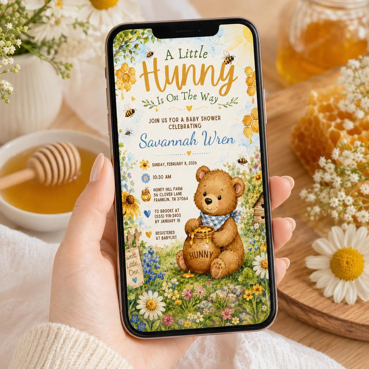 Floral Little Hunny Baby Shower Invitation — invitation you personalize in Canva