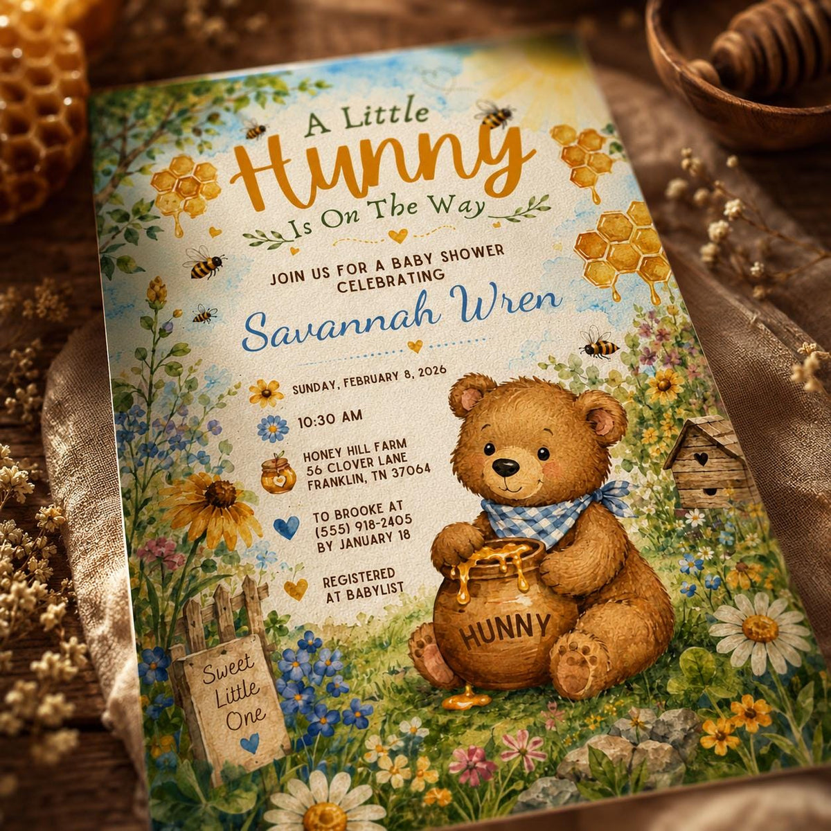 Floral Little Hunny Baby Shower Invitation — print-ready baby shower design from VoltBy