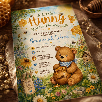 Floral Little Hunny Baby Shower Invitation — print-ready baby shower design from VoltBy