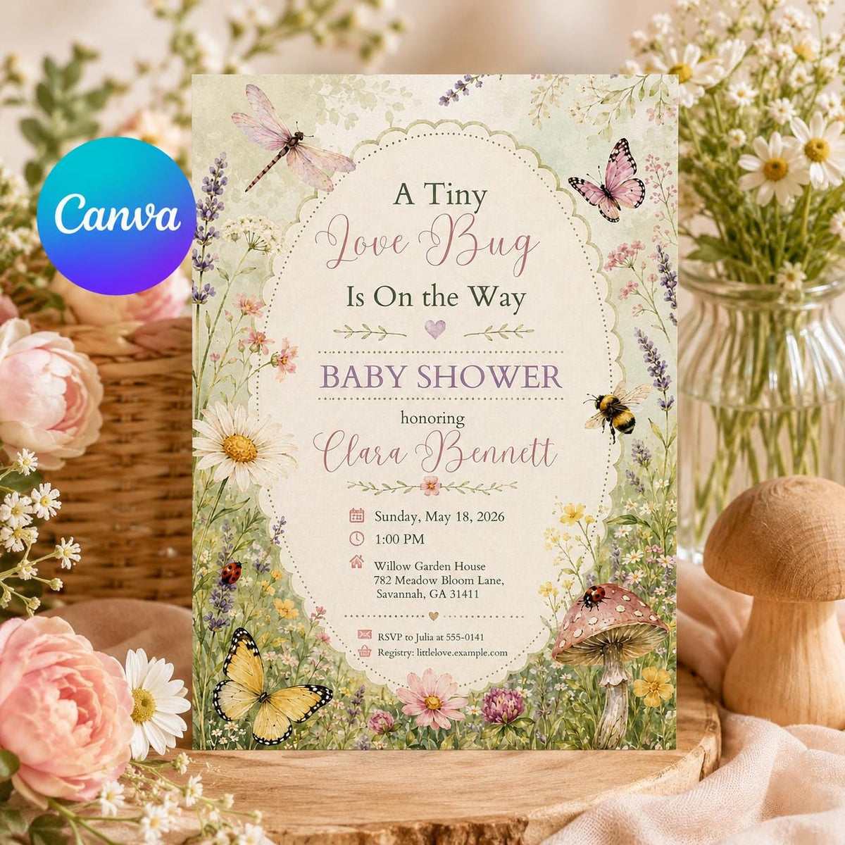 Floral Love Bug Baby Shower Invitation — editable Canva template