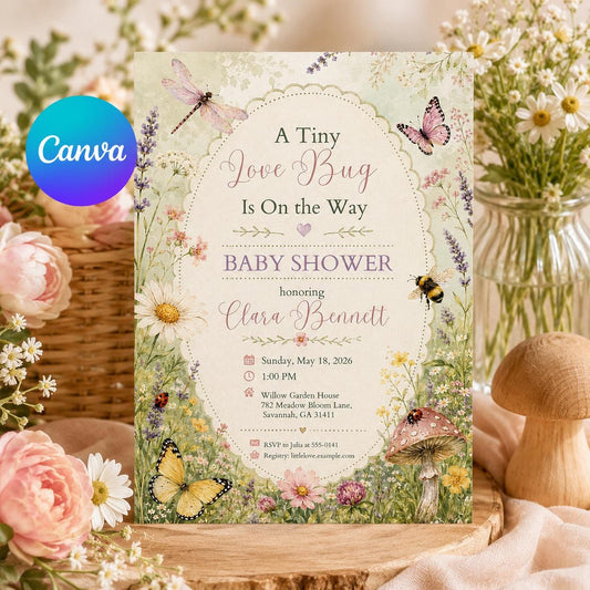 Floral Love Bug Baby Shower Invitation — editable Canva template