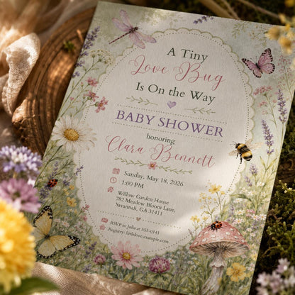 Floral Love Bug Baby Shower Invitation — invitation you personalize in Canva